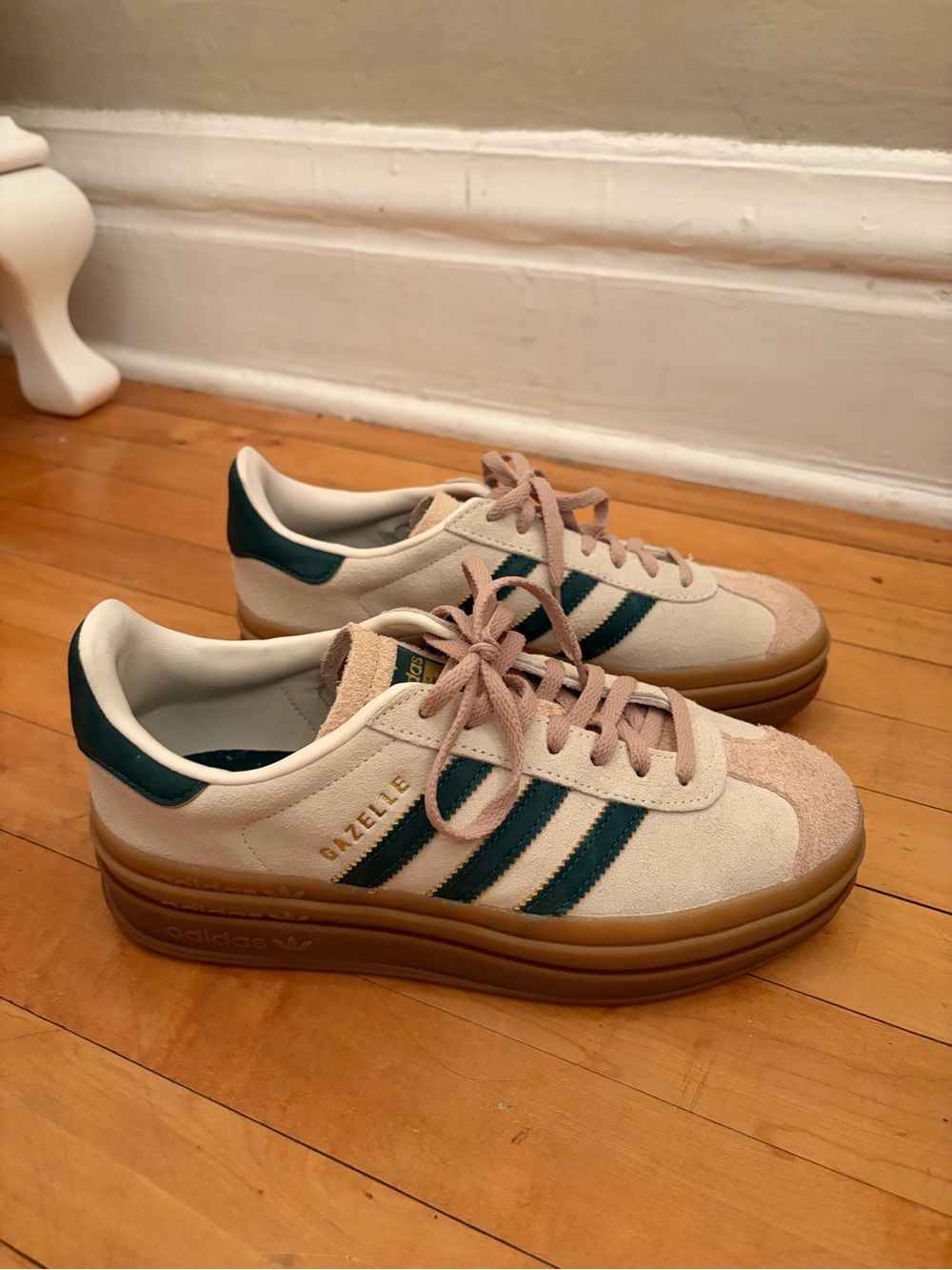 NEW - adidas Gazelle Platform Sneakers - Cream & Dark Green with Gum Sole